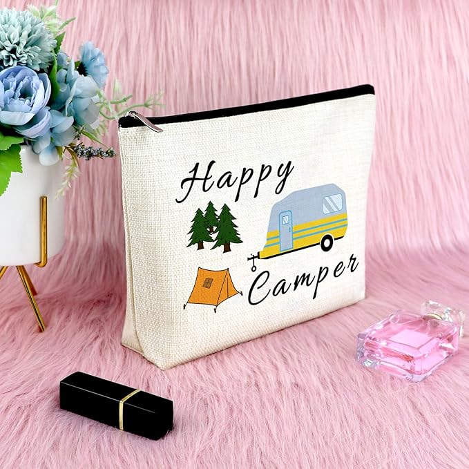 Sazuwu Camper Gifts for Her Makeup Bag Camping Lover Gifts for Women Happy Camper Themed Gifts Cosmetic Bag Funny Camping Gifts for Adults Girls Trip Gifts Vacation Gifts for Friends Travel Pouch