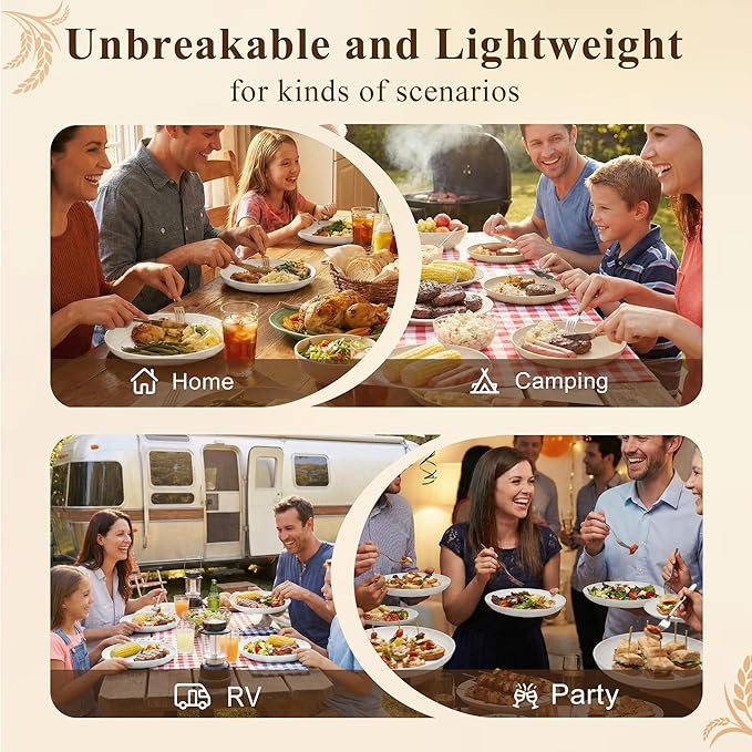 Wheat Straw Plates 9 Inch, Unbreakable & Reusable Plastic Plates Set for 8, Deep Dinner Plates for Salad, Sandwiches, Protein, Microwavable Plates for Kitchen, Party, Camping, RV - White