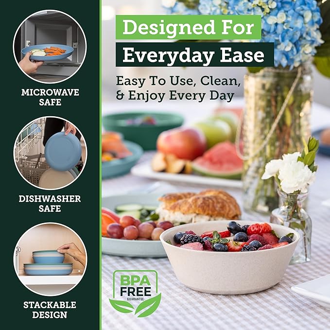 Grow Forward Premium Wheat Straw Plates and Bowls Sets - 8-Piece Wheat Straw Dinnerware Sets - Unbreakable & Reusable Microwave Safe Plastic Dinner Plates for Outdoors, RV, Camping Dishes - Oasis