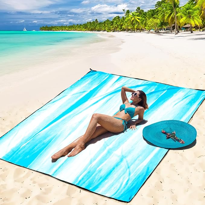 WIWIGO Beach Blanket Waterproof Sandproof Beach Mat 79" X 83"/10'x9'for 2-8 Adults Quick Drying Outdoor Picnic Mat Beach Accessories for Travel, Camping, Hiking