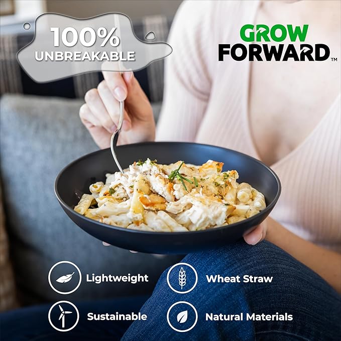 Grow Forward Premium Wheat Straw Pasta Bowls - 42oz Unbreakable Wide & Shallow Dinner Plate Bowls Set of 6 - Microwave Safe Reusable Plastic Pasta Bowls for Kids, Adults, Salad, Camping, RV - Midnight