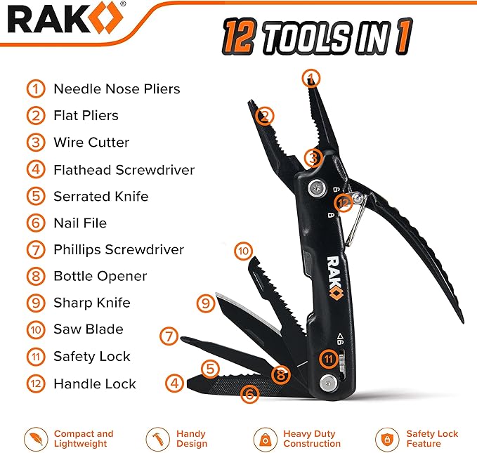 RAK Pro Tools Pliers Multitool - Cool Unique Gifts For Dads Who Have Everything - Compact DIY Survival Multi Tool Gift for Men, Husband, Handyman - Backpacking & Camping Accessories (Pack of 2)