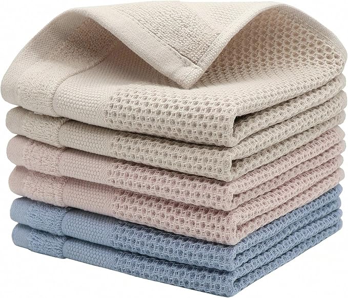 Mia'sDream Dish Cloths Waffle Weave Cotton Kitchen Towel, Soft and Absorbent, 12x12, 6 Pack (Multi Color)