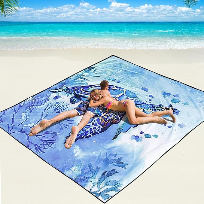WIWIGO Beach Blanket Waterproof Sandproof Beach Mat 79" X 83"/10'x9'for 2-8 Adults Quick Drying Outdoor Picnic Mat Beach Accessories for Travel, Camping, Hiking