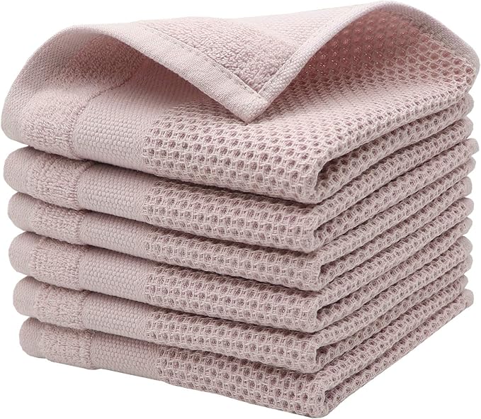 Mia'sDream Cotton Dish Cloths Kitchen Dish Rags, Waffle Weave Dish Towels, Soft and Absorbent Kitchen Hand Towels Washcloths, 12inchx12inch 6 Pack (Pink)