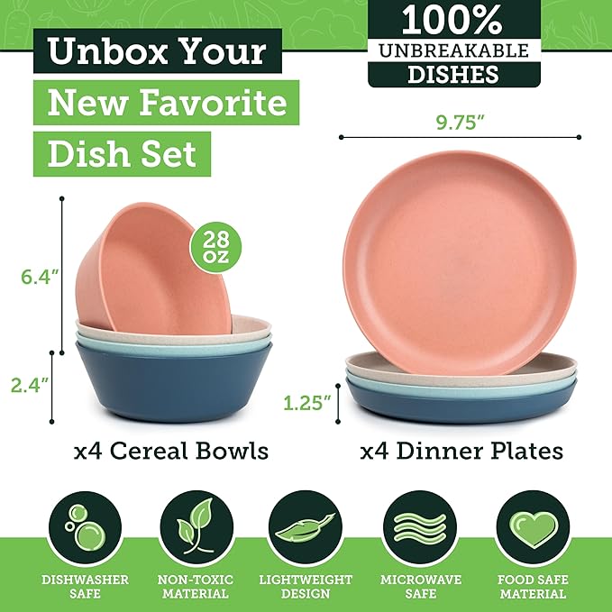 Grow Forward Premium Wheat Straw Plates and Bowls Sets - 8-Piece Wheat Straw Dinnerware Sets - Unbreakable & Reusable Microwave Safe Plastic Dinner Plates for Outdoors, RV, Camping Dishes - Tropical