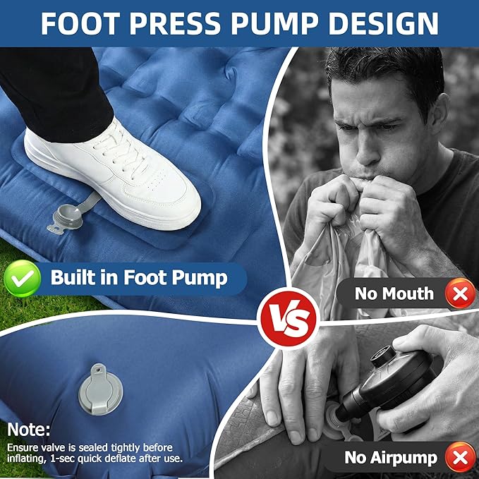 Camping Sleeping Pad, 5.1" Extra-Thick Camping Mattress with Pillow, Built-in Foot Pump Ultralight Inflatable Sleeping Pads for Camping Hiking Backpacking Traveling Tent, Navy Blue, 2 Person
