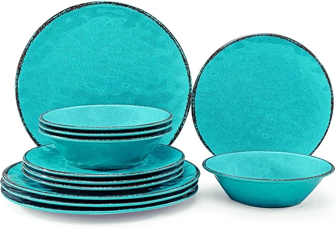 LEHAHA Rustic Melamine Dinnerware Sets, 12-piece Dishes Plastic Dinnerware Set for 4, Break-resistant Plates and Bowls Set, Outdoor Casual & Party Use Kitchen Dishes Set, Teal…