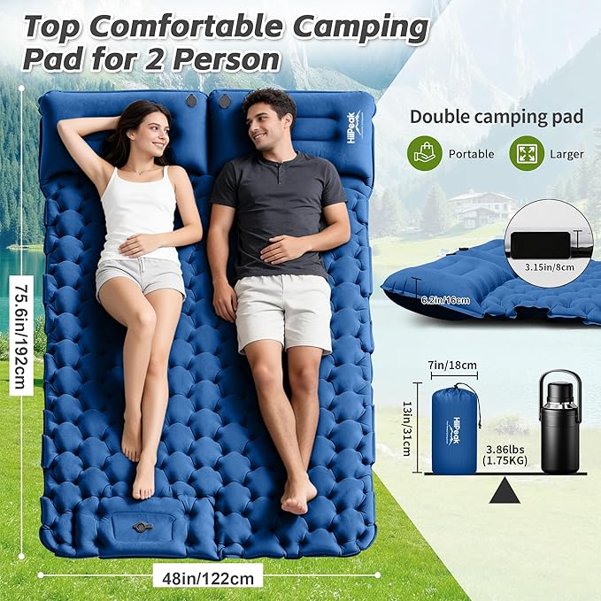 HiiPeak Double Sleeping Pad for Camping - Suede Top Camping Mattress with Pillow, Built-in Foot Pump, Compact Inflatable 2-Person Portable Mat for Backpacking, Hiking, Car Traveling, Beach, Tent