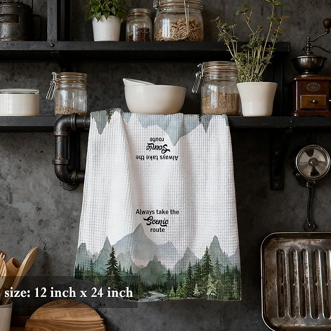 Camping Forest Scenic Mountain Nature Kitchen Towels 16x24,Camper Lover Gifts,Always Take The Scenic Route Forest Green Camping Rv Hand Towels for Bathroom Kitchen