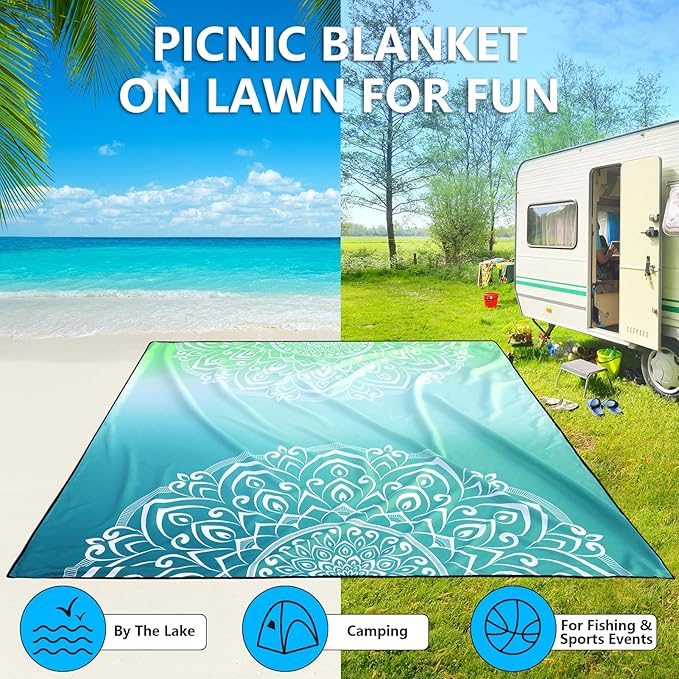 WIWIGO Beach Blanket Waterproof Sandproof Beach Mat 79" X 83"/10'x9'for 2-8 Adults Quick Drying Outdoor Picnic Mat Beach Accessories for Travel, Camping, Hiking