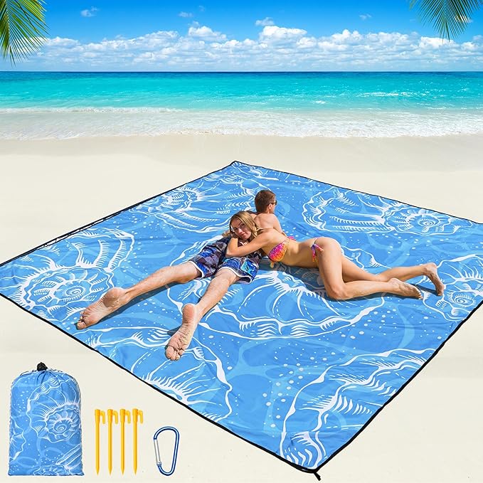 WIWIGO Beach Blanket Waterproof Sandproof Beach Mat 79" X 83"/10'x9'for 2-8 Adults Quick Drying Outdoor Picnic Mat Beach Accessories for Travel, Camping, Hiking