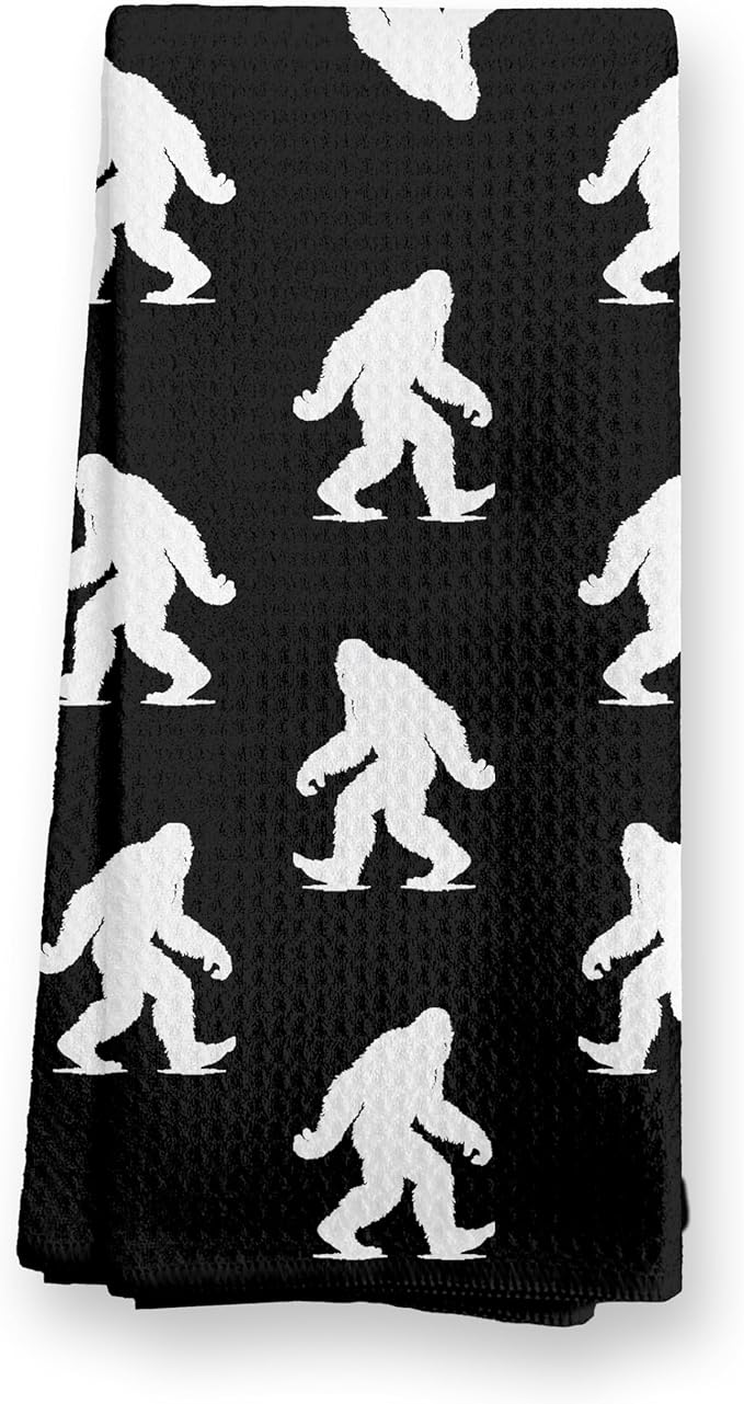 Abstract Retro Sasquatch Kitchen Towels, Sasquatch Gifts Dish Tea Towels for Kitchen Decor, Gifts for Hiking Camping Lovers Hand Towel for Bathroom Decor, 16x24 Inch, (Black)