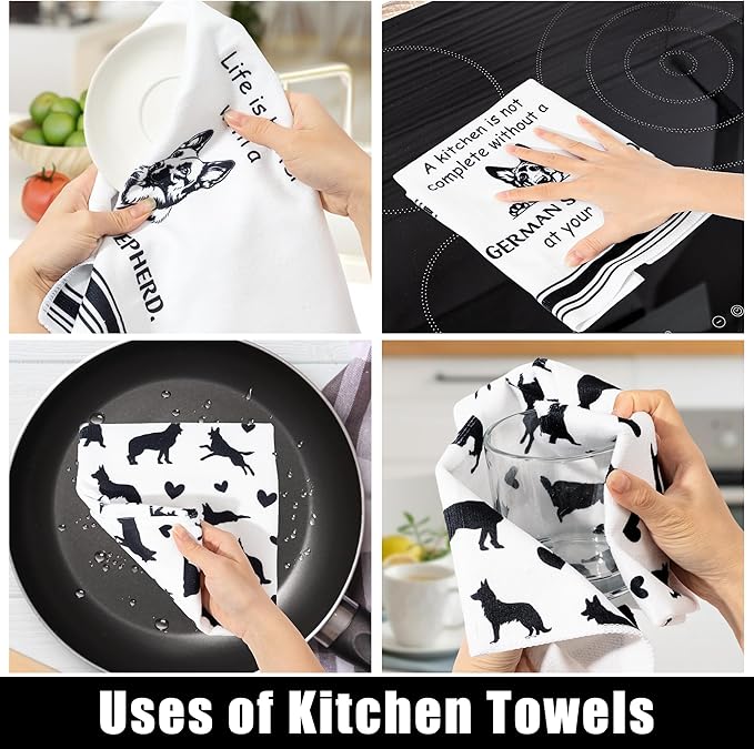 R HORSE German Shepherd Kitchen Dish Towel - 5Pcs Cute German Shepherd Cleaning Dishcloth Animal Dog Absorbent Bar Quick Dry Hand Towel Tea Towels for Dog Lovers Bathroom Kitchen Home Decors