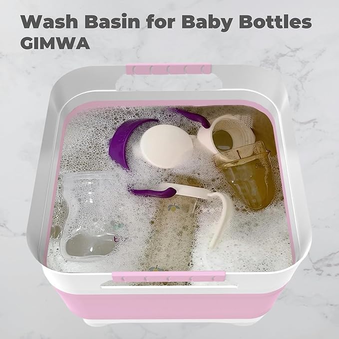 GIMWA 2.6 Gal(10L) Collapsible Wash Basin for Baby Bottles,Pink Space-Saving Collapsible Dish Basin with Drain Plug for bottle washing, Collapsible Bucket for RV Kitchen Essentials