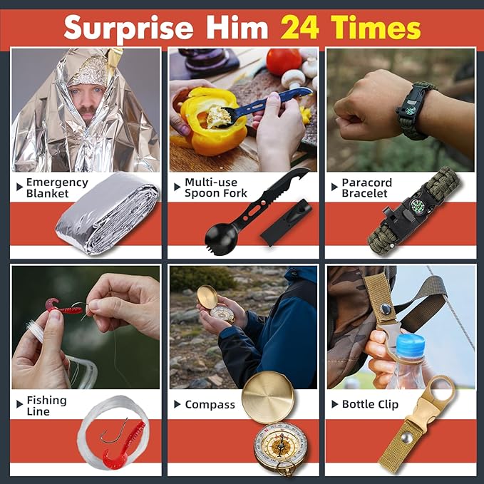 VEITORLD Gifts for Men Dad Husband Him Fathers Day, Survival Gear and Equipment 12 in 1, Survival Kits, Cool Unique Fishing Hunting Anniversary Birthday Gifts for Him Teen Boy Boyfriend Women