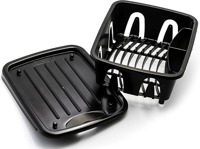 Camco RV Mini Dish Drainer & Tray - Features a Sloped Drain Tray Design, Heavy-Duty Construction - Ideal for Small Spaces, Apartments, Boats, and More -9.5" L x 11.7" W x 4.75" H - Black (43512)