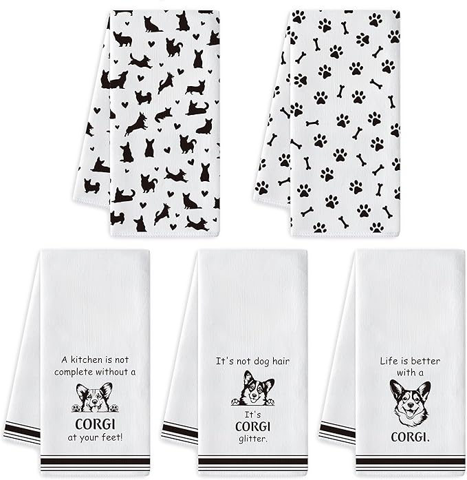 R HORSE Corgi Kitchen Dish Towel Set- 5Pcs Cute Corgi Cleaning Dishcloth Animal Dog Absorbent Bar Quick Dry Hand Towel Tea Towels for Dog Lovers Hostess Bathroom Kitchen Home Decors