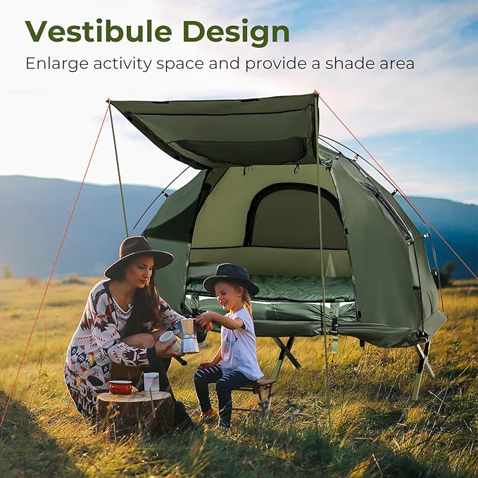GYMAX Tent Cot, 5-in-1 Folding Camping Cot with Mattress & Pillows, Sleeping Bags, Sunshade, Camping Tent Elevated with Carrying Bag for Outdoor Hiking, Fishing, Picnic