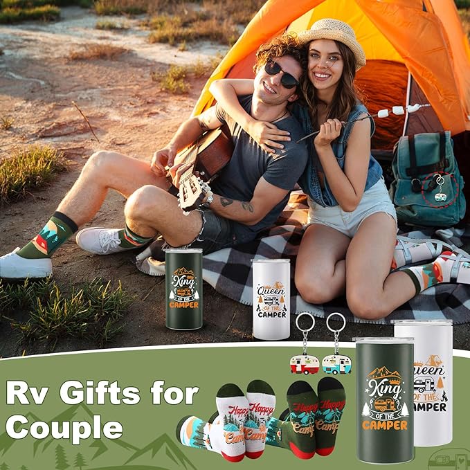 Patelai 6 Pcs Camping Gift Set RV Gifts for Couple Includes 12 oz Stainless Steel Wine Tumblers Unisex Crew Socks Keychains Outdoor Gifts for Women Men Picnics Hiking RV (Delicate)