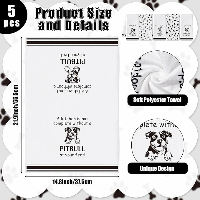 R HORSE Pitbull Kitchen Dish Towel - 5Pcs Cute Pitbull Cleaning Dishcloth Animal Dog Absorbent Bar Quick Dry Hand Towel Tea Towels for Women Housewarming Birthday Bathroom Kitchen Home Decors