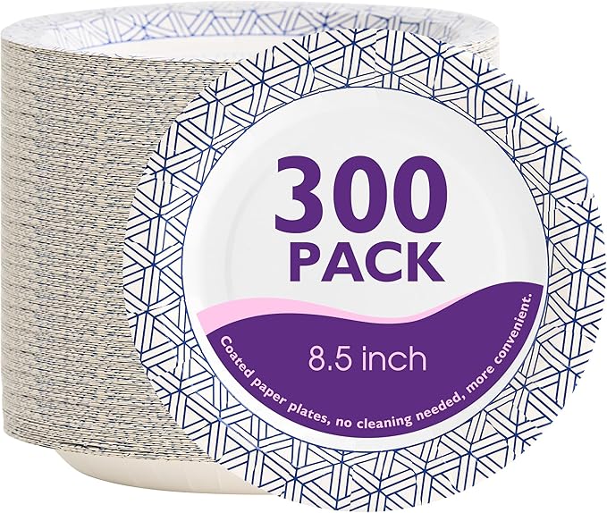 Disposable Paper Plates 8.5 Inch 300 Count, Soak Proof and Cut Resistant Heavy Duty Paper Plates Bulk for Parties, Picnics, Camping, and Everyday Meals