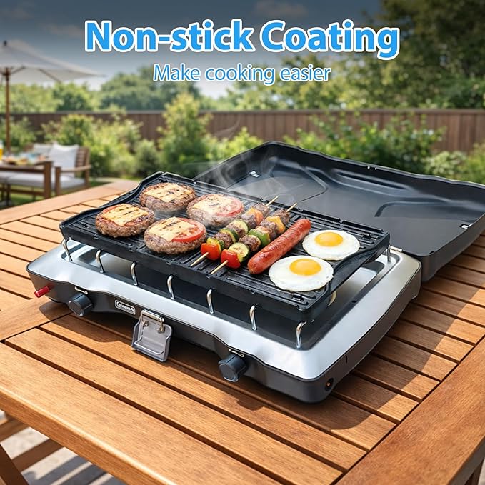 Ceramic Nonstick Reversible Griddle for Coleman Cascade & Triton, 17.4" x 8.5" Flat & Ribbed Camping Griddle | Built-In Storage Fit, No-Wobble Stable Design, Compatible with 2-Burner Camp Stoves