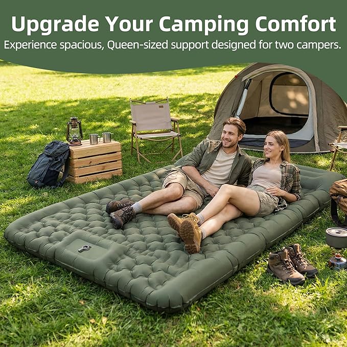 Camping Sleeping Pad, 5.1" Extra-Thick Camping Mattress with Pillow, Built-in Foot Pump Ultralight Inflatable Sleeping Pads for Camping Hiking Backpacking Traveling Tent, Military Green, 2 Person
