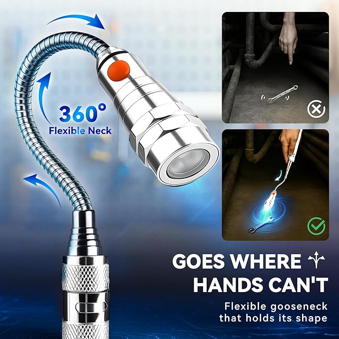 VIBELITE Extendable Magnetic Flashlight with Telescoping Magnet Pickup Tool-Cool Gadget Gifts for Men, Women, Him, Teen Boys, Husband, Dad, Father, Mechanic, Birthday Gifts for Men, Silver