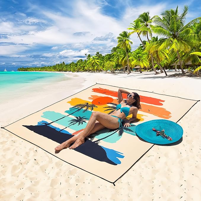 WIWIGO Beach Blanket Waterproof Sandproof Beach Mat 79" X 83"/10'x9'for 2-8 Adults Quick Drying Outdoor Picnic Mat Beach Accessories for Travel, Camping, Hiking