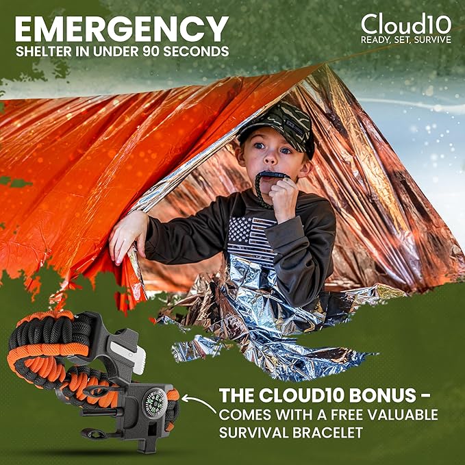 CloudTen Emergency Tent: Lightweight 2 Person Survival Tent with Multi-Function Paracord Bracelets - Essential Survival Gear & Bug Out Bag Items for Preppers, Hikers, Survivalists, Campers, Boy Scouts