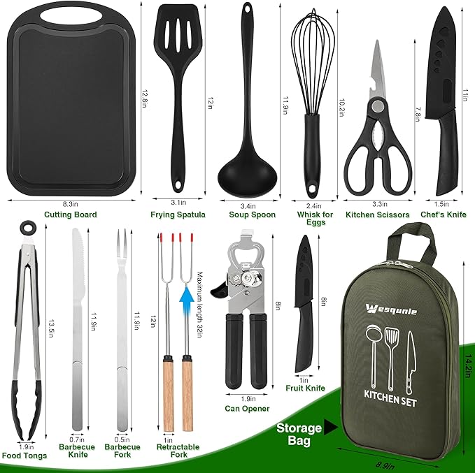 Wesqunie Camping Essentials Cookware Cooking Utensils Set - Portable Camp Kitchen Mess Kit Outdoor Accessories, Stainless Steel & Silicone, Camping Gear Equipment for RV Picnic Grill, 14PCS Green