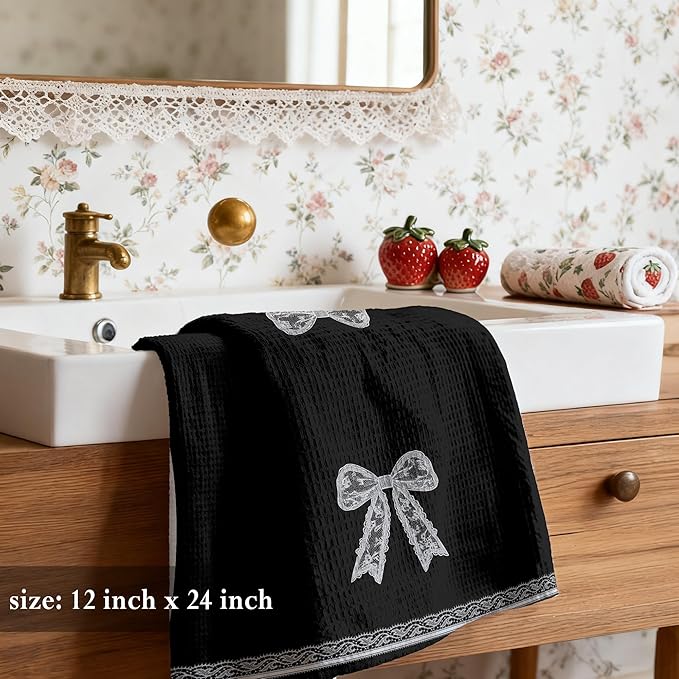Black and White Coquette Lace Bow Print Kitchen Dish Tea Towels 16x24（Printing）, Girly Aesthetic Hand Towels for Bathroom, Coquette Bathroom Decor，Bow Towel（Print）