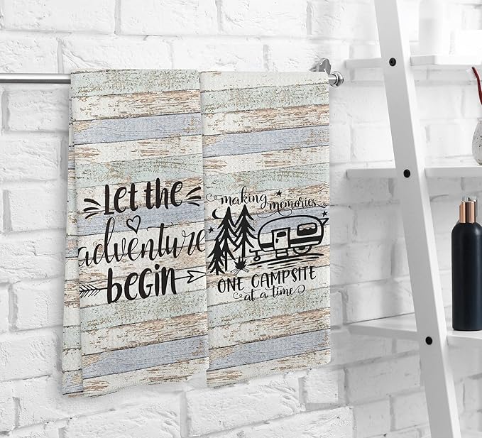 Camping Let the Adventure Begin Kitchen Towels and Dishcloths Sets of 2,Campsite Cabin RV Drying Cloth Hand Towels Tea Towels for Bathroom Kitchen,Campers Camping Lovers Adventurers Gifts,16×24 inches