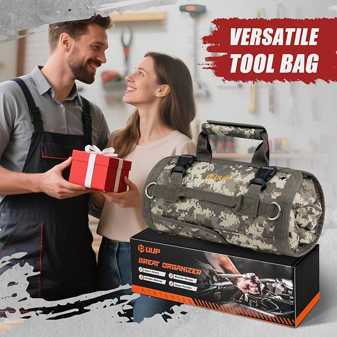 Tool Bag Roll Up, UUP Heavy Duty Rolled Empty Tool Storage Organizing, Portable Tool Roll Container with 2 Detachable Pockets, Folding Tool Holder, Father Day Dad Men Electrician Gift, Camouflage