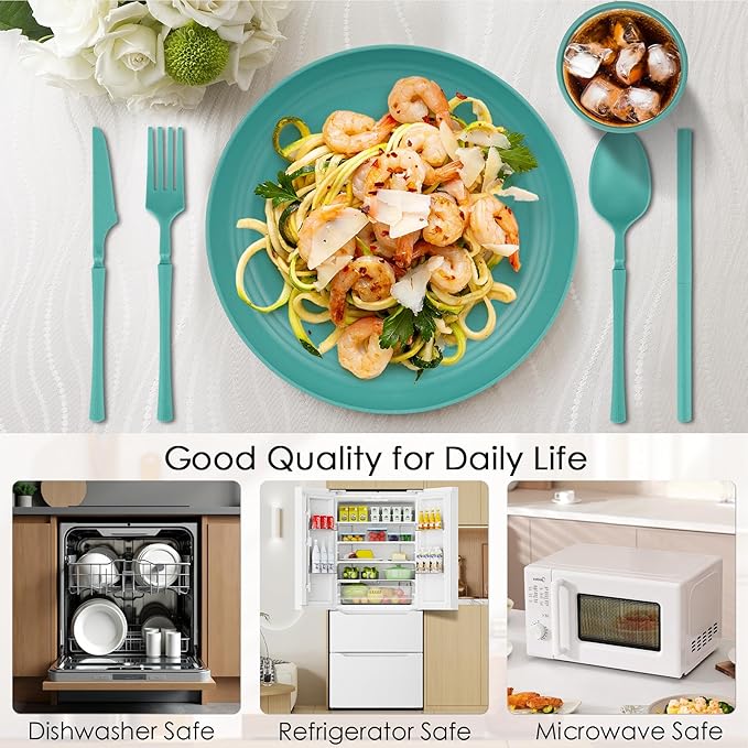 49pcs Dinnerware Sets for 8 People, Unbreakable Plates Sets, Reusable Storage Box, Travel Camping Picnic Home Party Cutlery Set, Dishwasher Microwave Safe Dishes