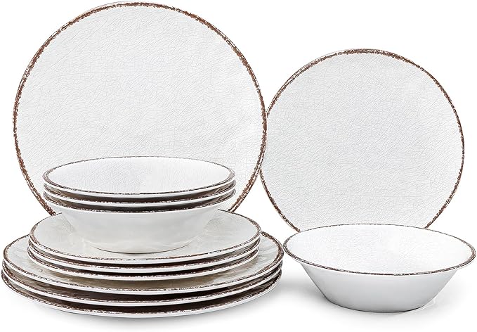 LEHAHA Farmhouse White Melamine Plates and Bowls Set, White dishes Rustic Farmhouse Dinnerware Set, Lightweight Melamine Dishes Set for 4, Perfect for RV, Camper, Dishwasher Safe