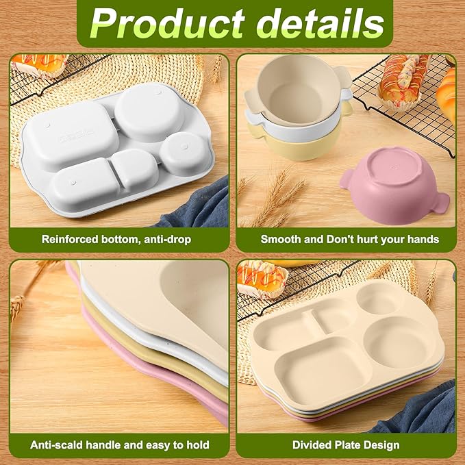 24 Pcs Wheat Straw Dinnerware Cutlery Set for Adult Including Divided Plates Microwave Dishwasher Safe Bowl Unbreakable Tableware Straw Cutlery Spoon Knife Fork(Light Color)