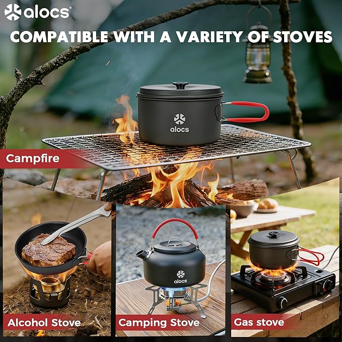 Alocs Camping Cookware Set Camping Gear, Compact Camping Pots and Pans Set, Durable Hard Alumina Camping Cooking Set for Outdoor Backpacking Camping Hiking Picnic, Included Mesh Carry Bag