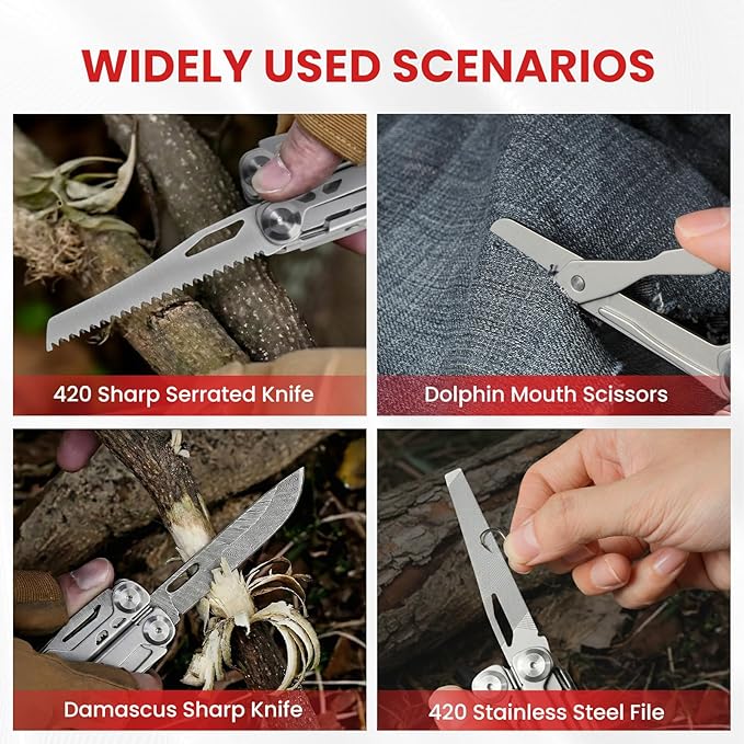 Multitool, 29-in-1 Stainless Steel Multi Tool Pliers with Screwdriver Sleeve, Damascus Pocket Knife, Nylon Sheath for Survival Camping, Hunting and Hiking