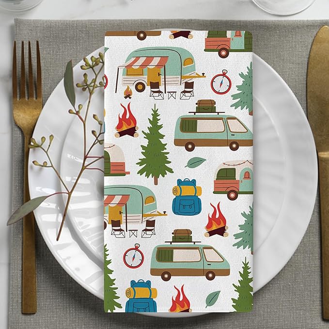 Happy Camper Kitchen Dish Towels Set of 2, Camping RV Adventure Travel Drying Hand Towel Baking Cooking Cloth, Campsite Campfire Tree Bathroom Home Decoration 18'' x 26''
