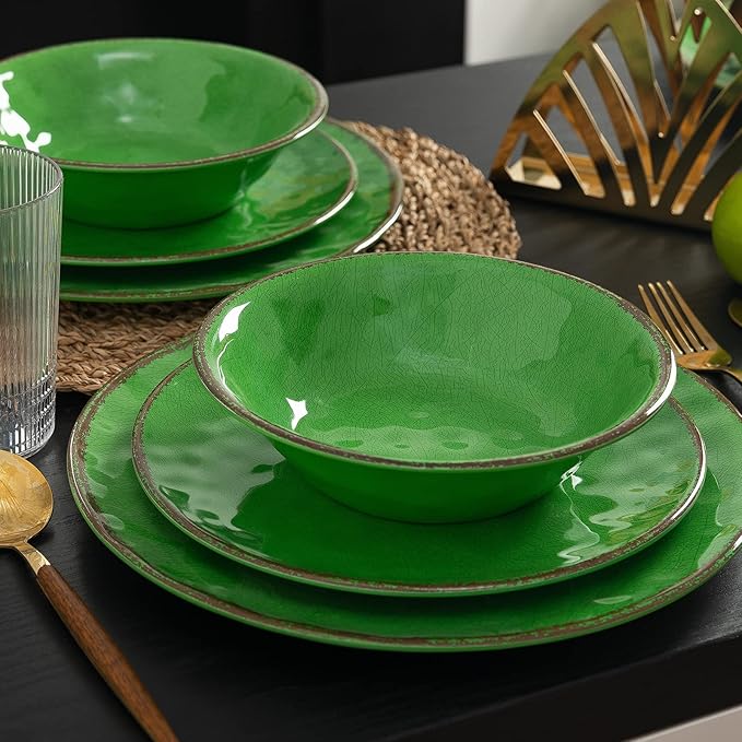 LEHAHA Vintage Crackle Melamine Dinnerware Sets, 12 Piece Plates and Bowls Sets, Great for Camping, RV. Durable and Chip Resistant Farmhouse Dishes Set, Service for 4(Green)