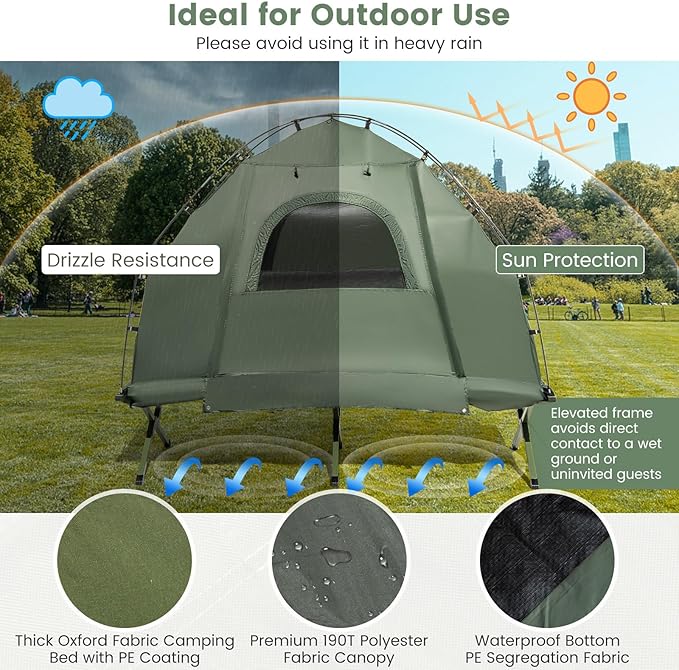 LDAILY Camping Tent Cot, 5 in 1 Off Ground Elevated Tent with Air Mattress, Sleeping Bag & Pillow, Folding Camping Cot Combo with Carrying Bag for Outdoor Hiking, RV, Picnic, Field Backyard (1 Person)