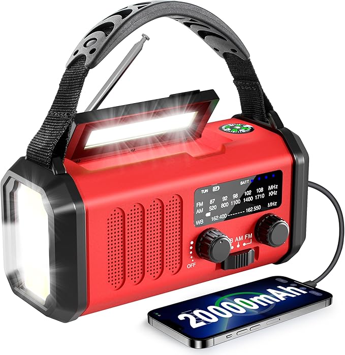 Leaton Emergency Radio NOAA Weather Radio Hand Crank & Solar Charging 20000mAh/74000mWh Rechargeable Battery Built-in Flashlight Reading Light & SOS AM/FM & Portable for Camping & Emergencies
