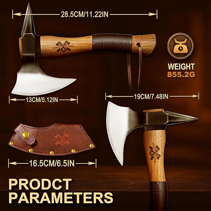 Grumpy Bear 11" Camping Hatchet, Survival Axe with Sheath, High Carbon Steel and Wood Handle, Anti-Slip Grip – Ideal for Bushcraft, Wood Splitting & Outdoor Adventures