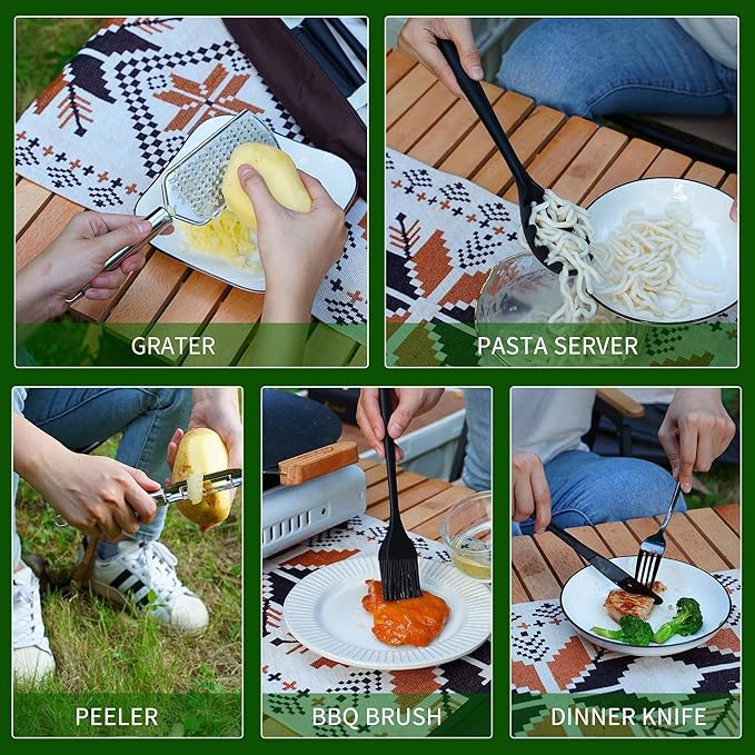 Wesqunie Camping Cooking Essentials Utensils Set - Camp Cookware Kitchen Accessories Kit, Camper Gear Must Haves, Stainless Steel & Silicone, RV Car Portable Outdoor Equipment Tool