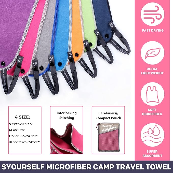 SYOURSELF Microfiber Camping Towel, Quick Dry Towel, Soft Absorbent Compact Travel Gym Workout Sweat Towel for Beach Yoga Swim Travel Camping Hiking Backpack Essentials (M:40"x20")