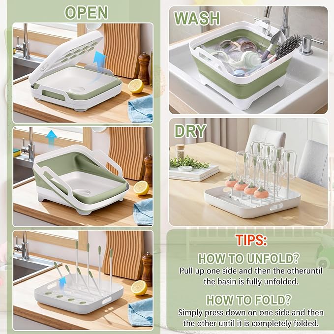 Collapsible Wash Basin for Baby Bottles with Drying Rack – 2.4 Gallon Foldable Dish Tub with Handles, Portable RV Camping Sink & Space-Saving Wash Bin with Lid for Kitchen, Travel & Outdoor, Green