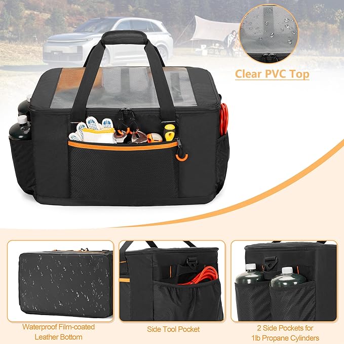 GRAOSO Camping Gear Organizer, 3 Pcs Camping Packing Cubes and 1 Pcs Mesh Pocket with Carrying Bag for Kitchen Supplies, 5-in-one Tactical Travel Storage with Transparent Window for Car Trunk, 45L