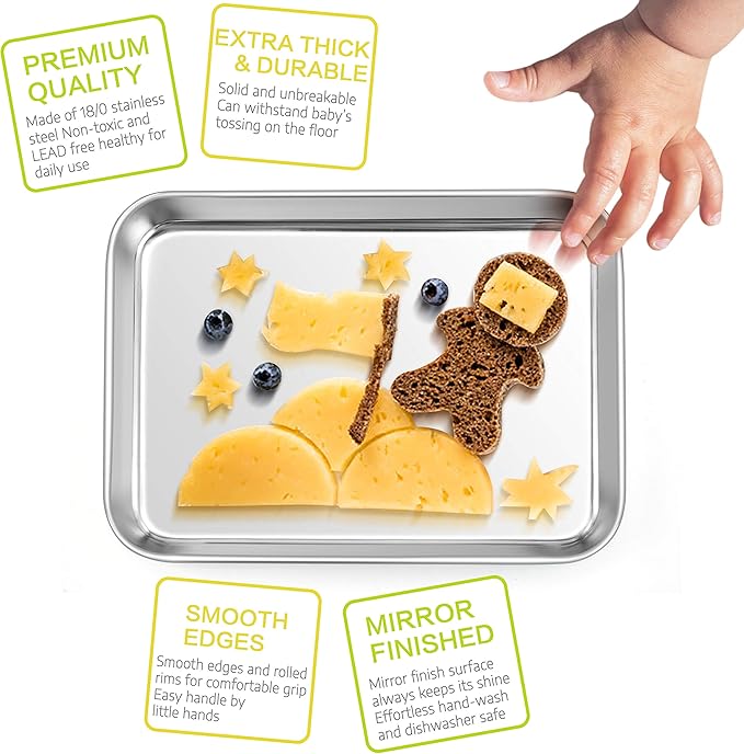 E-far Stainless Steel Kids Plates, 4 Pieces Mini Metal Dinner Dish Set for Kids Toddler Child, 7.3” x 5.3” x 0.75”, Non-Toxic & Dishwasher Safe, Great for Self-Feeding/Picnic/Outdoor Camping